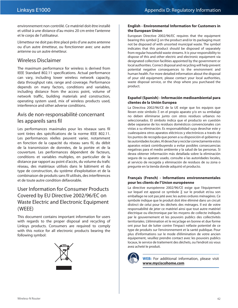 Wireless disclaimer, Linksys e1000 appendix d: regulatory information | Linksys E1000 User Manual | Page 45 / 60