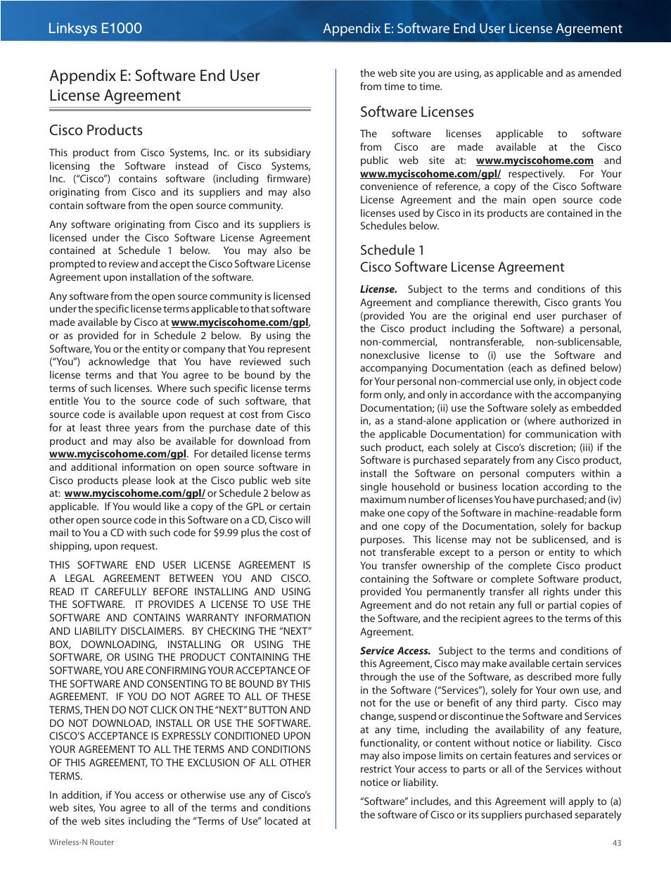 Appendix e: software end user license agreement, Cisco products, Software licenses | Cisco products software licenses | Linksys E1000 User Manual | Page 46 / 60