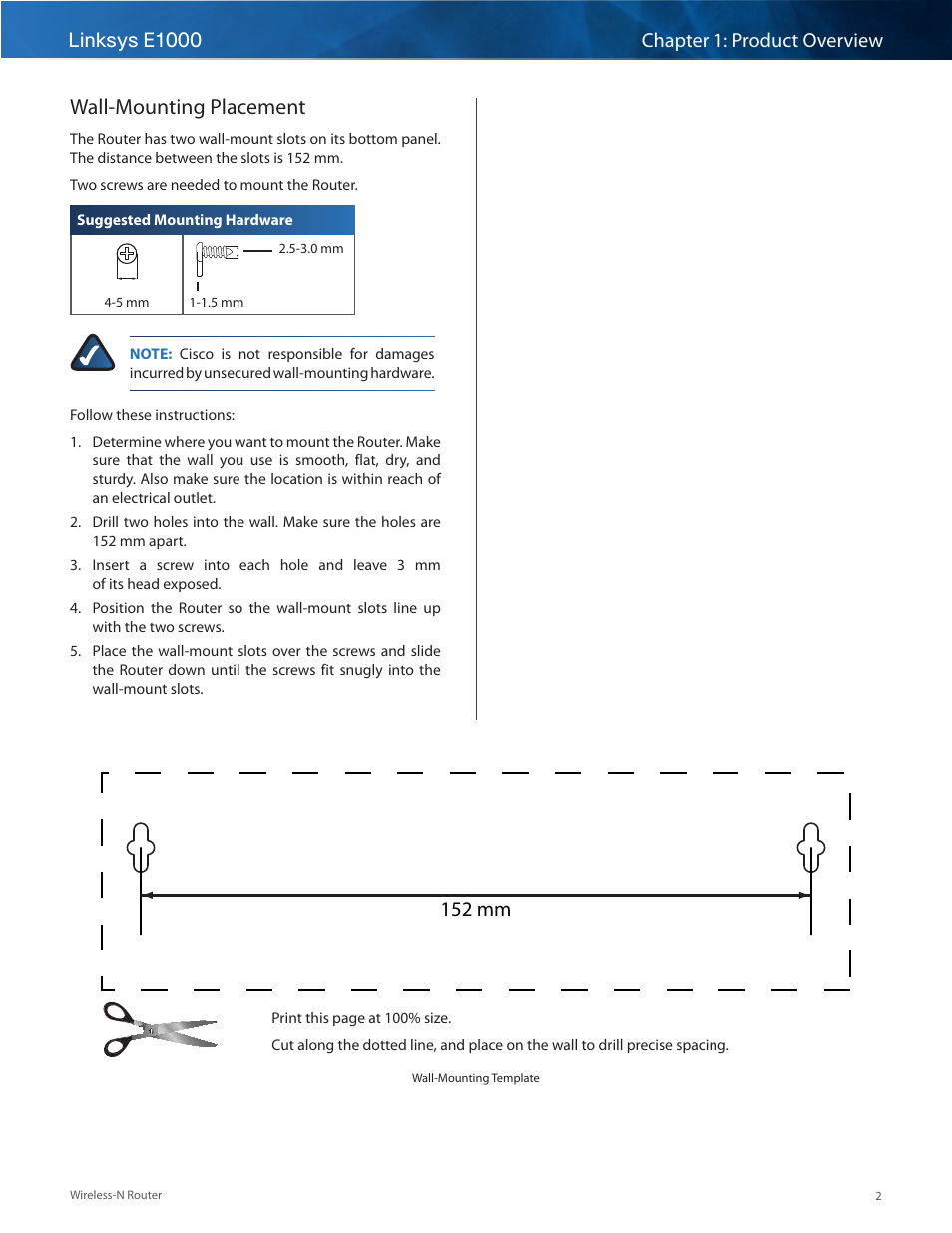 Wall-mounting placement, 152 mm | Linksys E1000 User Manual | Page 5 / 60