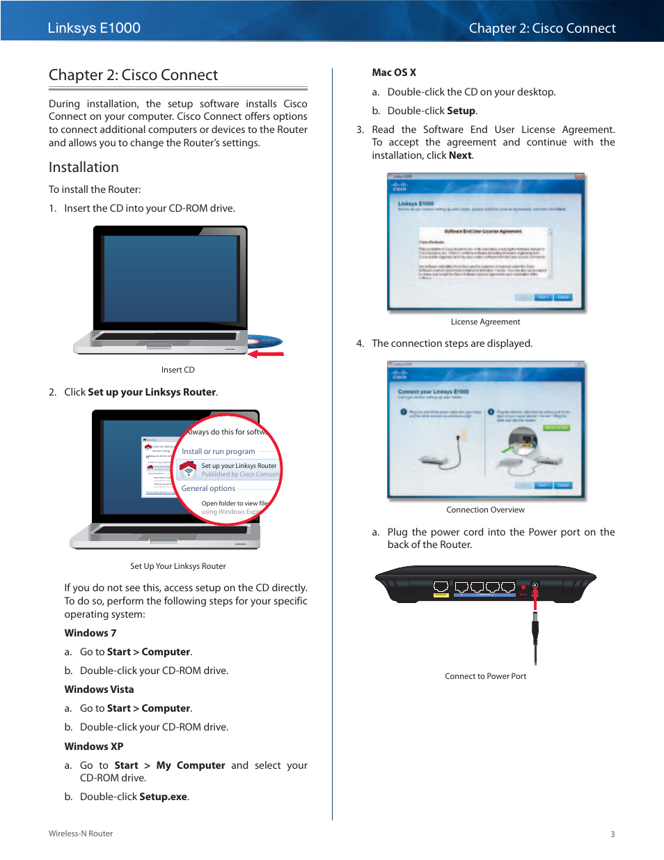 Chapter 2: cisco connect, Installation, 2 . click set up your linksys router | Dvd/cd-rw drive (e:) linksys router setup, 4 . the connection steps are displayed | Linksys E1000 User Manual | Page 6 / 60