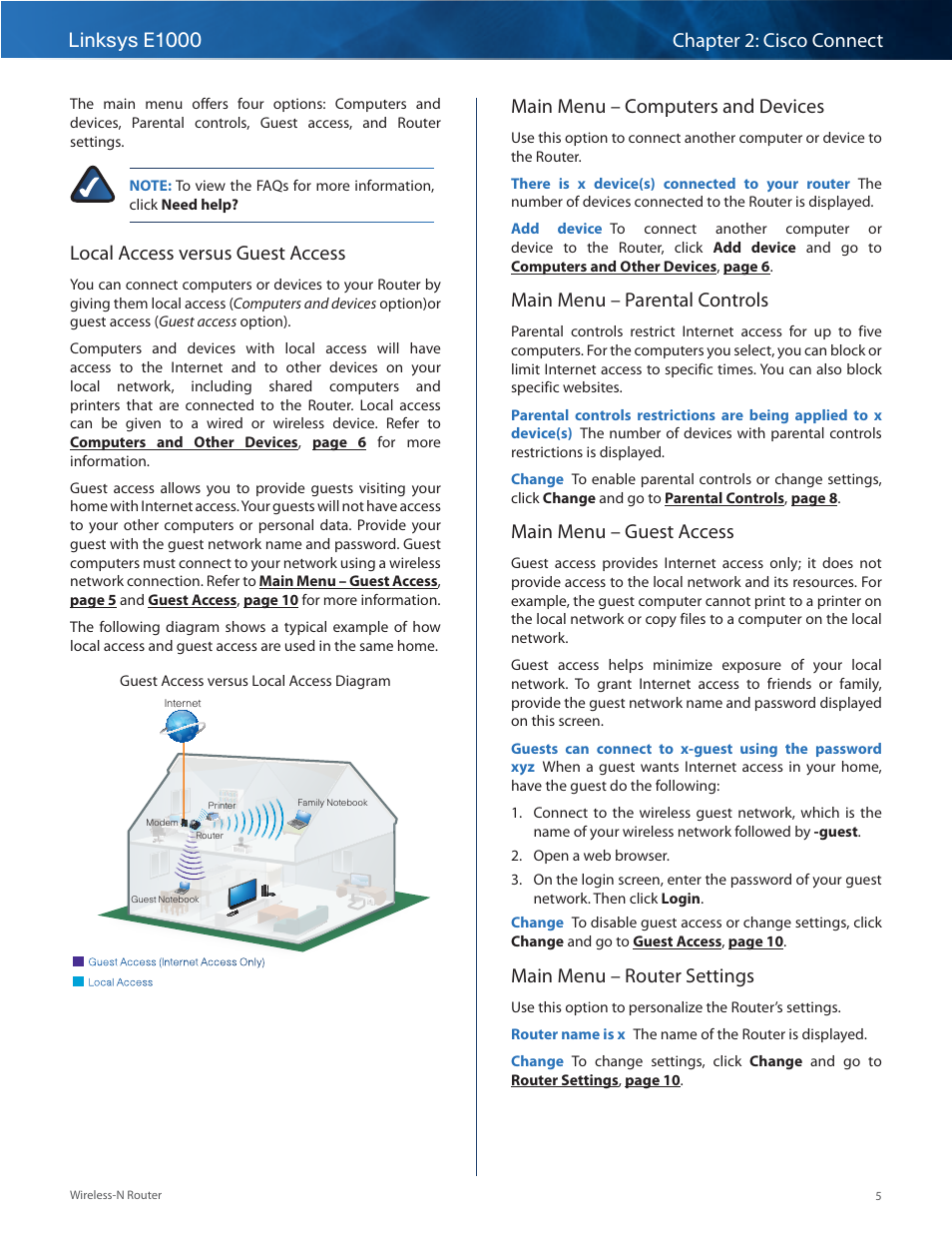 Local access versus guest access, Main menu – computers and devices, Main menu – parental controls | Main menu – guest access, Main menu – router settings | Linksys E1000 User Manual | Page 8 / 60