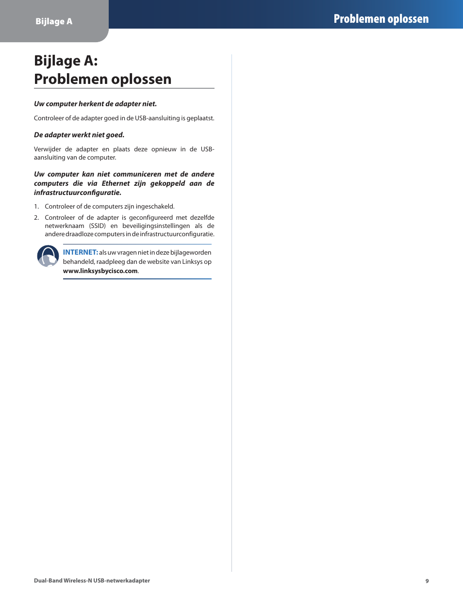 Bijlage a: problemen oplossen, Problemen oplossen | Linksys WUSB600N User Manual | Page 12 / 43