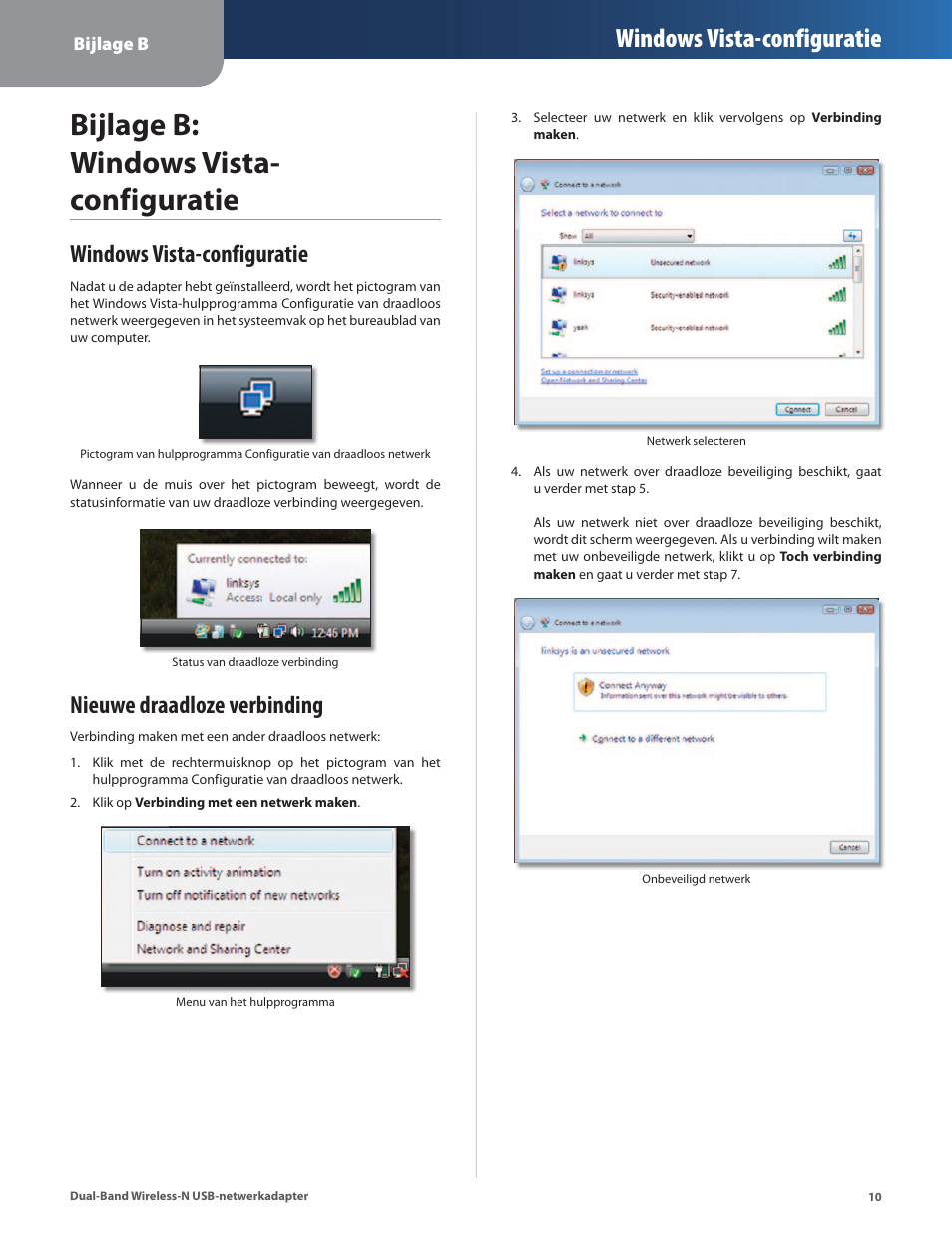 Bijlage b: windows vista-configuratie, Windows vista-configuratie, Nieuwe draadloze verbinding | Bijlage b: windows vista- configuratie | Linksys WUSB600N User Manual | Page 13 / 43