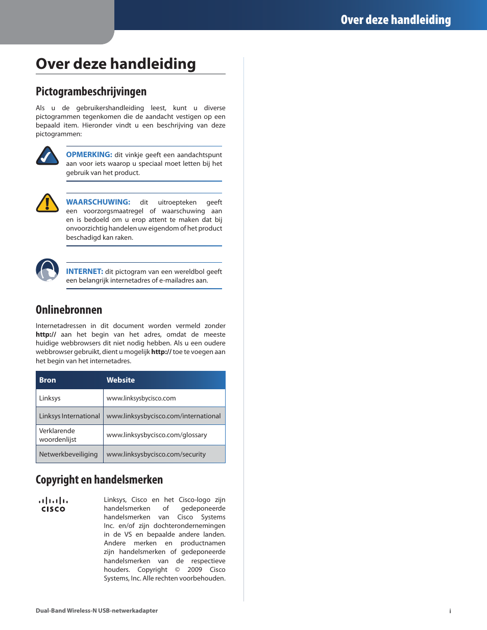 Over deze handleiding, Pictogrambeschrijvingen, Onlinebronnen | Copyright en handelsmerken | Linksys WUSB600N User Manual | Page 2 / 43
