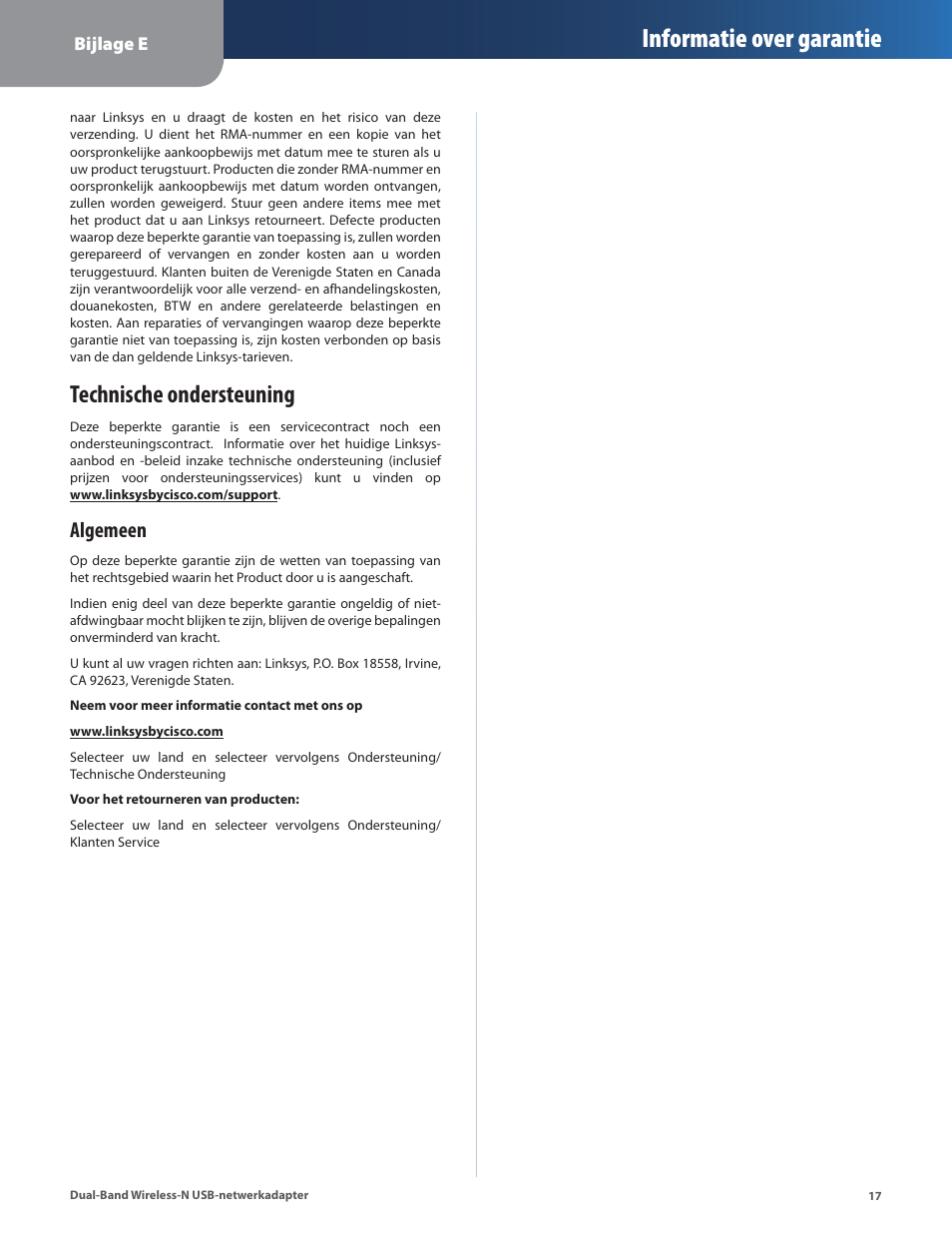 Technische ondersteuning, Informatie over garantie, Algemeen | Linksys WUSB600N User Manual | Page 20 / 43