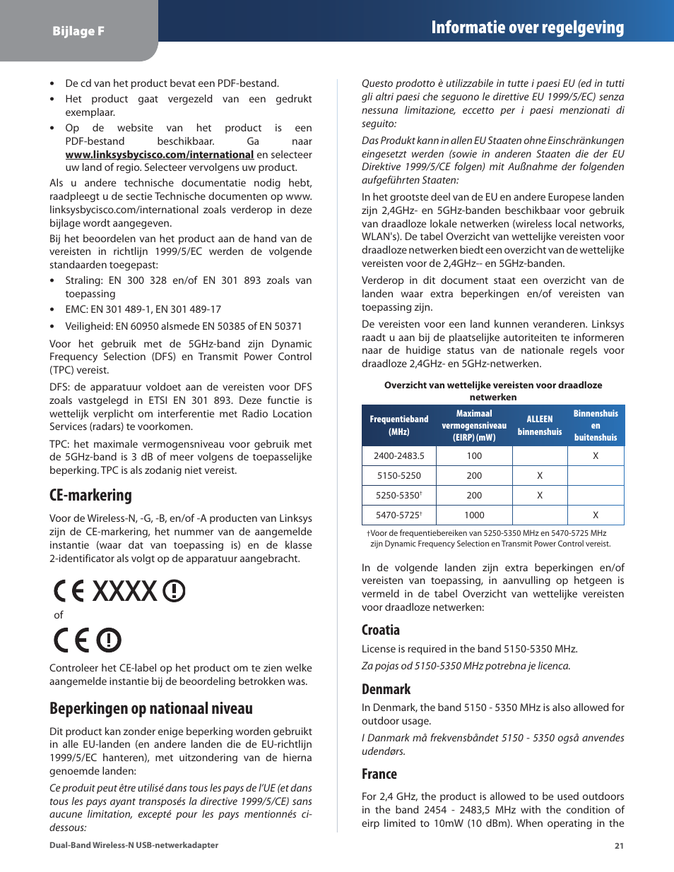 Ce-markering, Beperkingen op nationaal niveau, Ce-markering beperkingen op nationaal niveau | Informatie over regelgeving, Croatia, Denmark, France | Linksys WUSB600N User Manual | Page 24 / 43