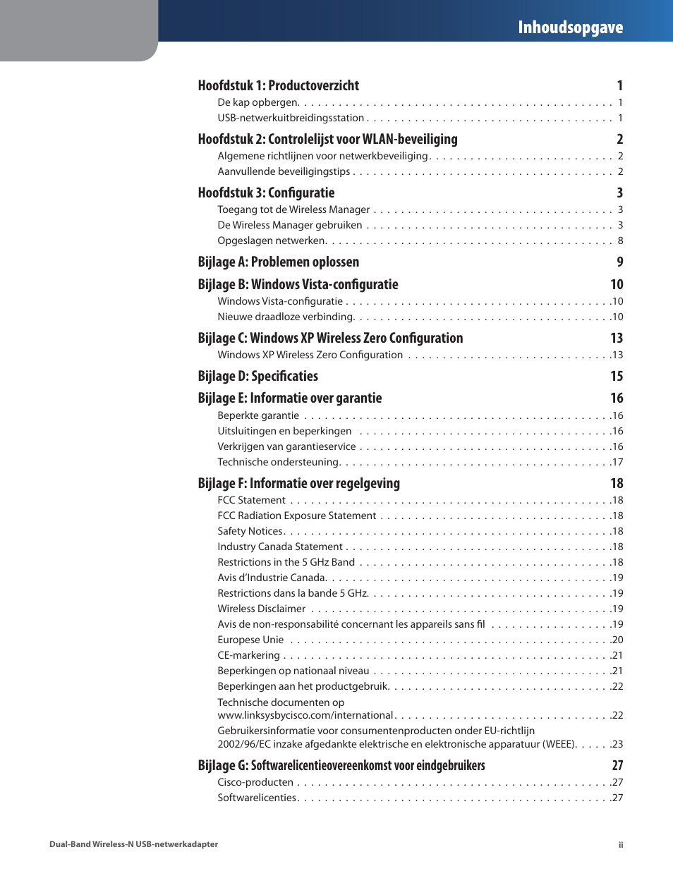 Inhoudsopgave | Linksys WUSB600N User Manual | Page 3 / 43