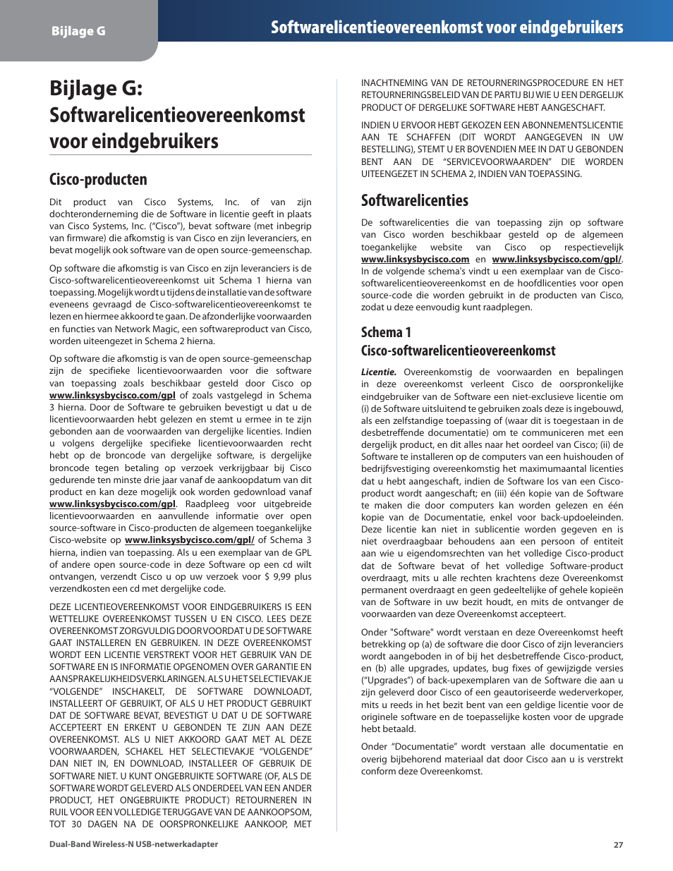 Cisco-producten, Softwarelicenties, Cisco-producten softwarelicenties | Softwarelicentieovereenkomst voor eindgebruikers | Linksys WUSB600N User Manual | Page 30 / 43