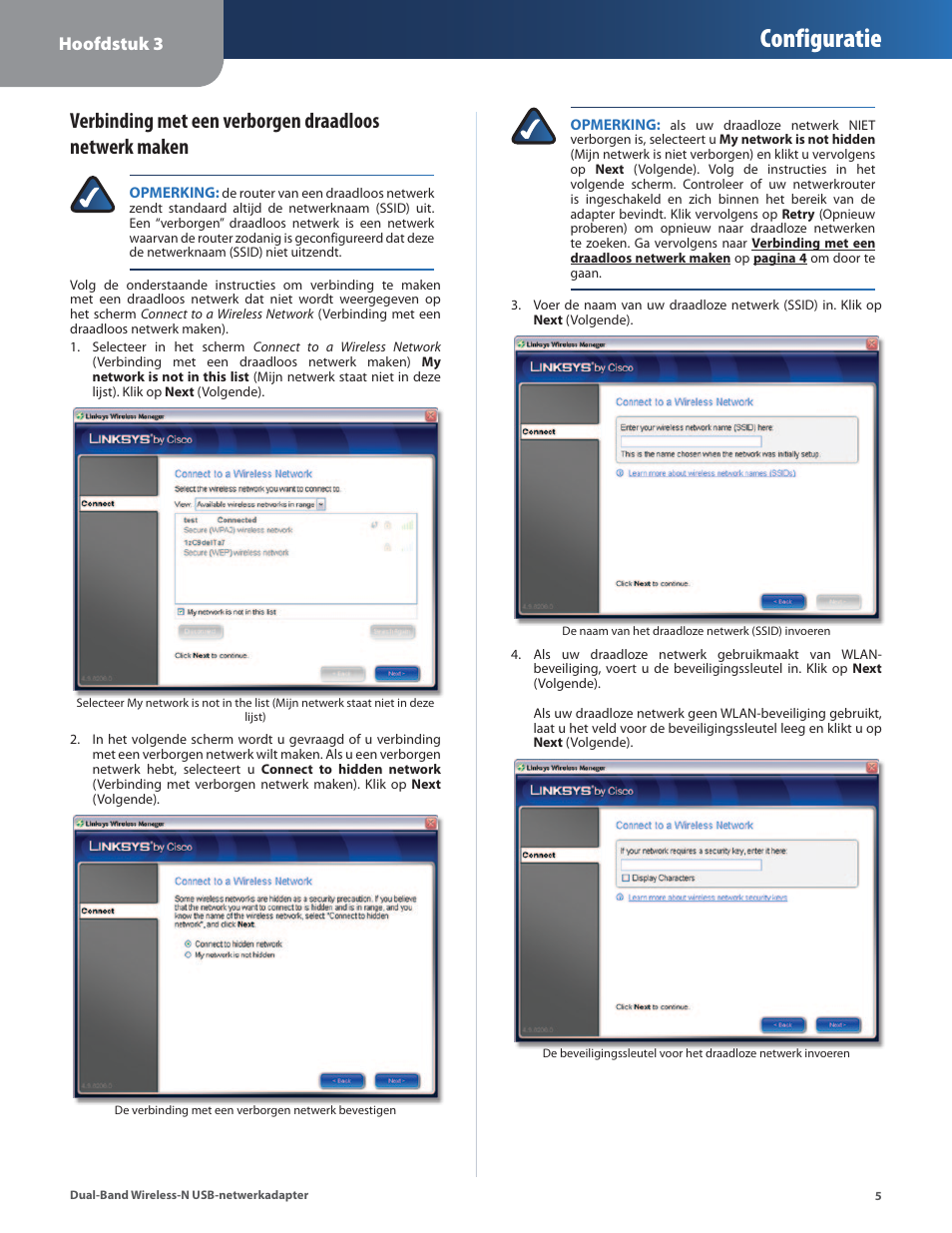 Verbinding met een verborgen, Configuratie, Hoofdstuk 3 | Linksys WUSB600N User Manual | Page 8 / 43