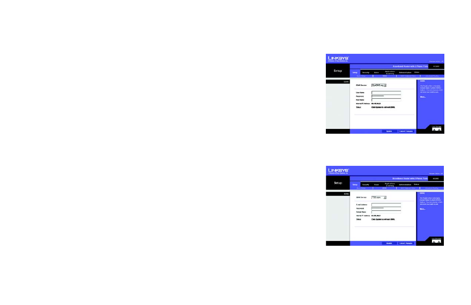 Figure 5-9: setup tab - ddns (dyndns.org), Figure 5-10: setup tab - ddns (tzo.com) | Linksys RT31P2 User Manual | Page 30 / 90