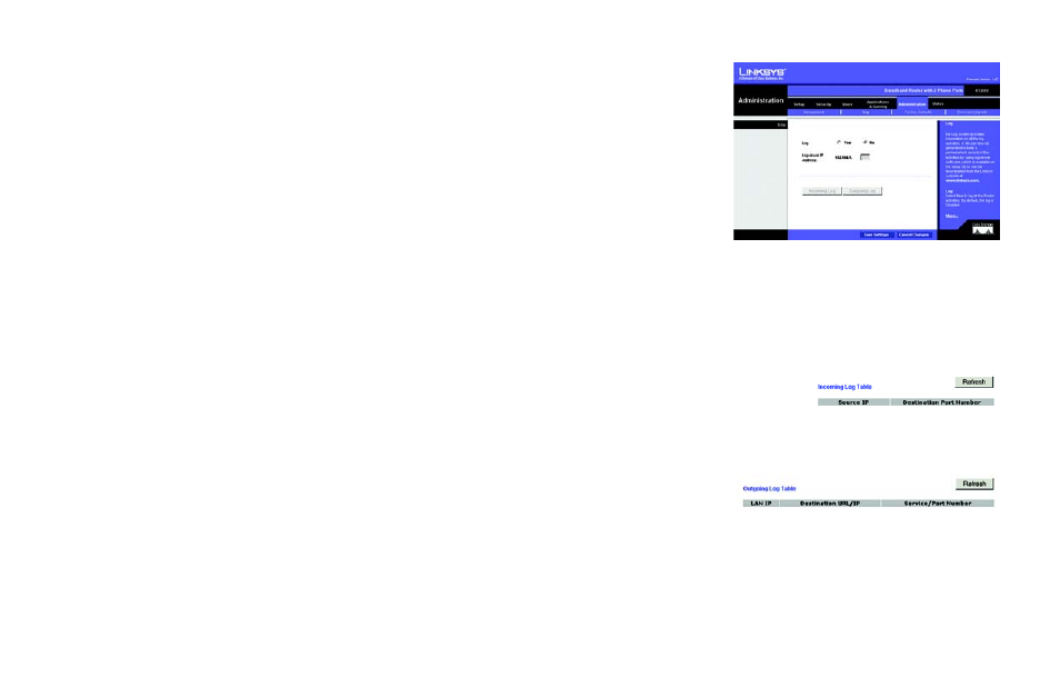 The administration tab - log, Figure 5-25: administration tab - log, Figure 5-26: incoming log table | Figure 5-27: outgoing log table | Linksys RT31P2 User Manual | Page 48 / 90