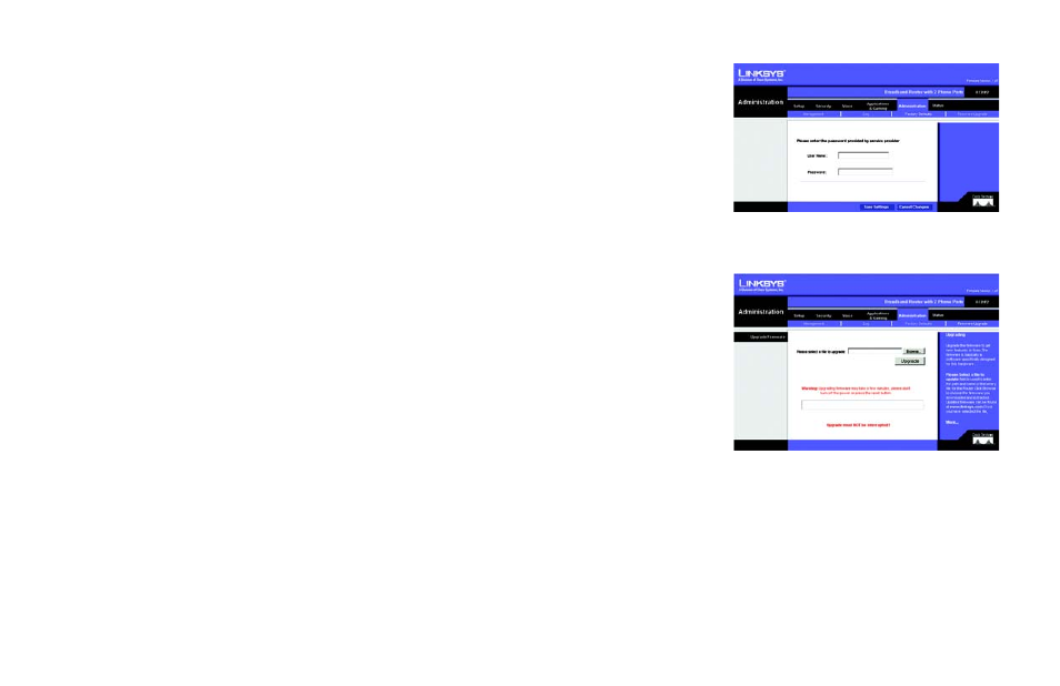 The administration tab - factory defaults, The administration tab - firmware upgrade, Figure 5-28: administration tab - factory defaults | Figure 5-29: administration tab - firmware upgrade | Linksys RT31P2 User Manual | Page 49 / 90