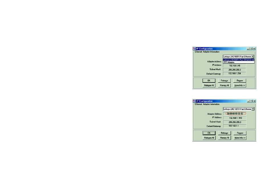 Windows 98 or me instructions, Figure b-1: ip configuration screen, Figure b-2: mac/adapter address | Linksys RT31P2 User Manual | Page 73 / 90