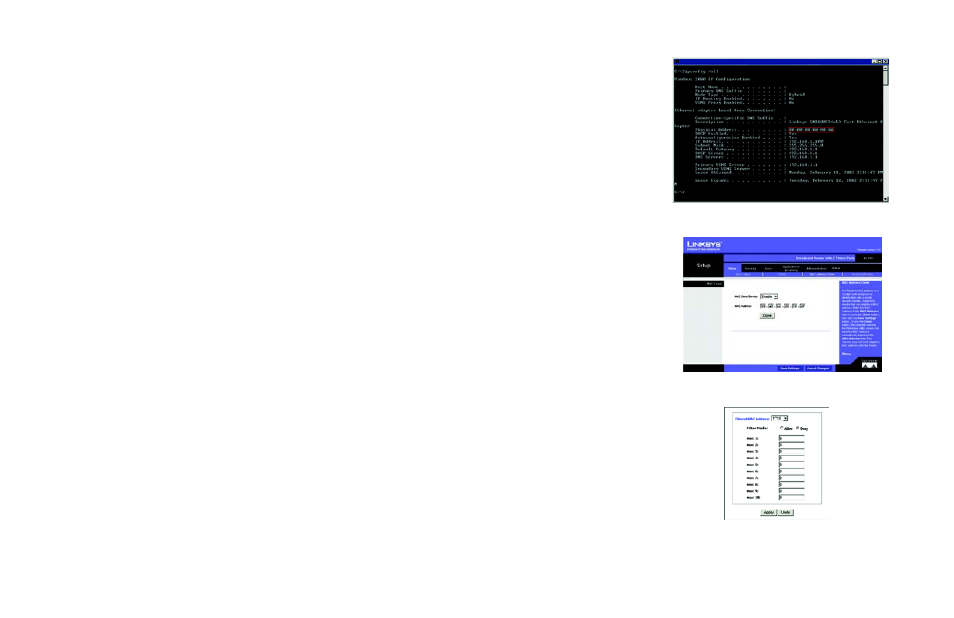 Windows 2000 or xp instructions, For the router’s web-based utility, Figure b-3: mac/physical address | Figure b-4: mac address clone, Figure b-5: mac address filter | Linksys RT31P2 User Manual | Page 74 / 90