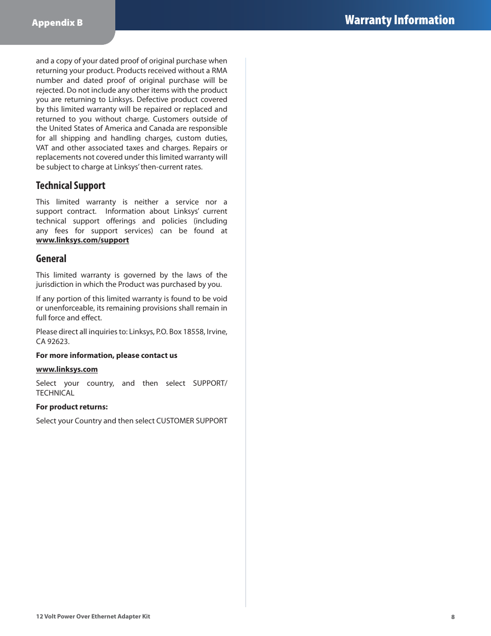 Warranty information, Technical support, General | Linksys WAPPOE12 User Manual | Page 11 / 28