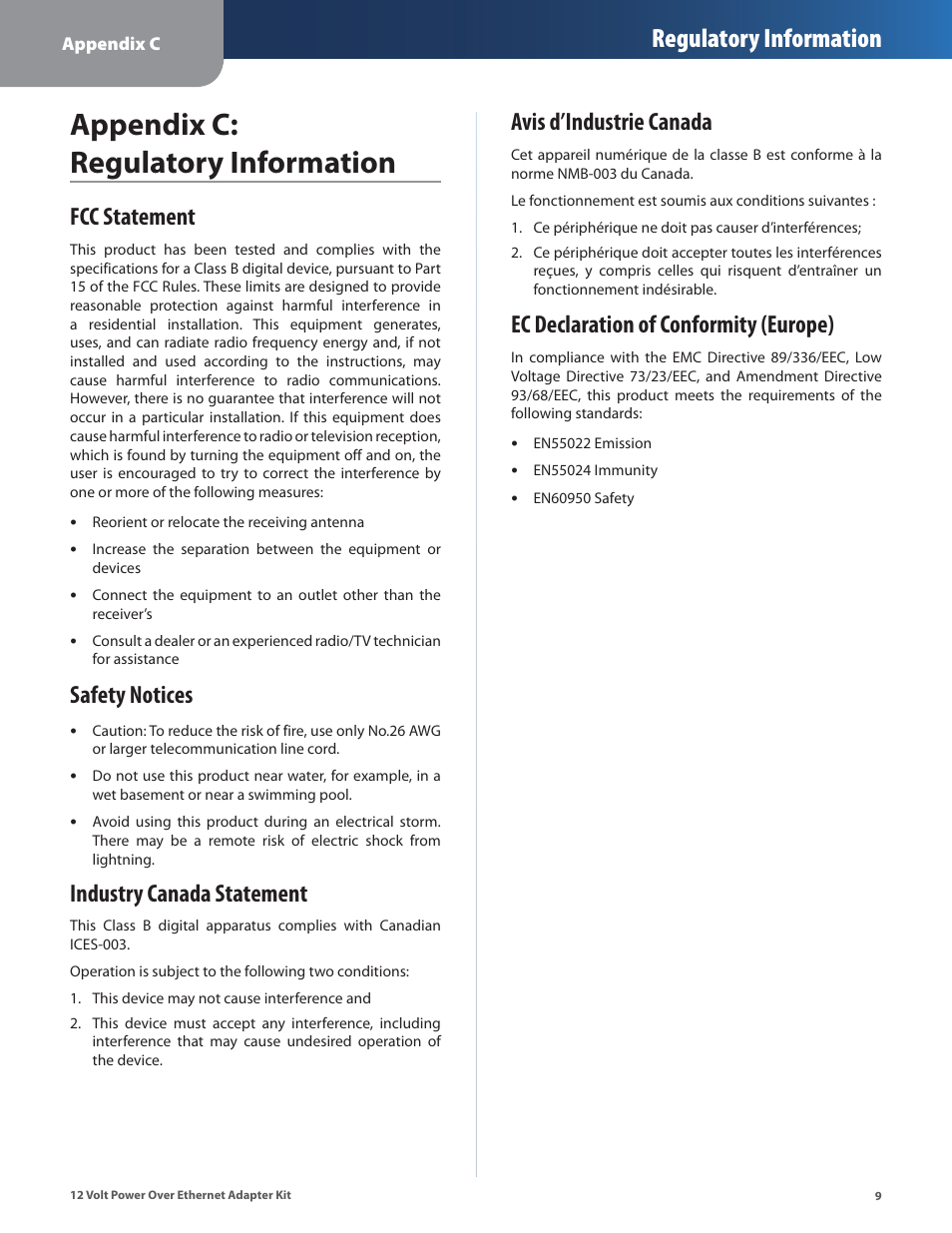 Appendix c: regulatory information, Fcc statement, Safety notices | Industry canada statement, Ec declaration of conformity (europe), Regulatory information, Avis d’industrie canada | Linksys WAPPOE12 User Manual | Page 12 / 28