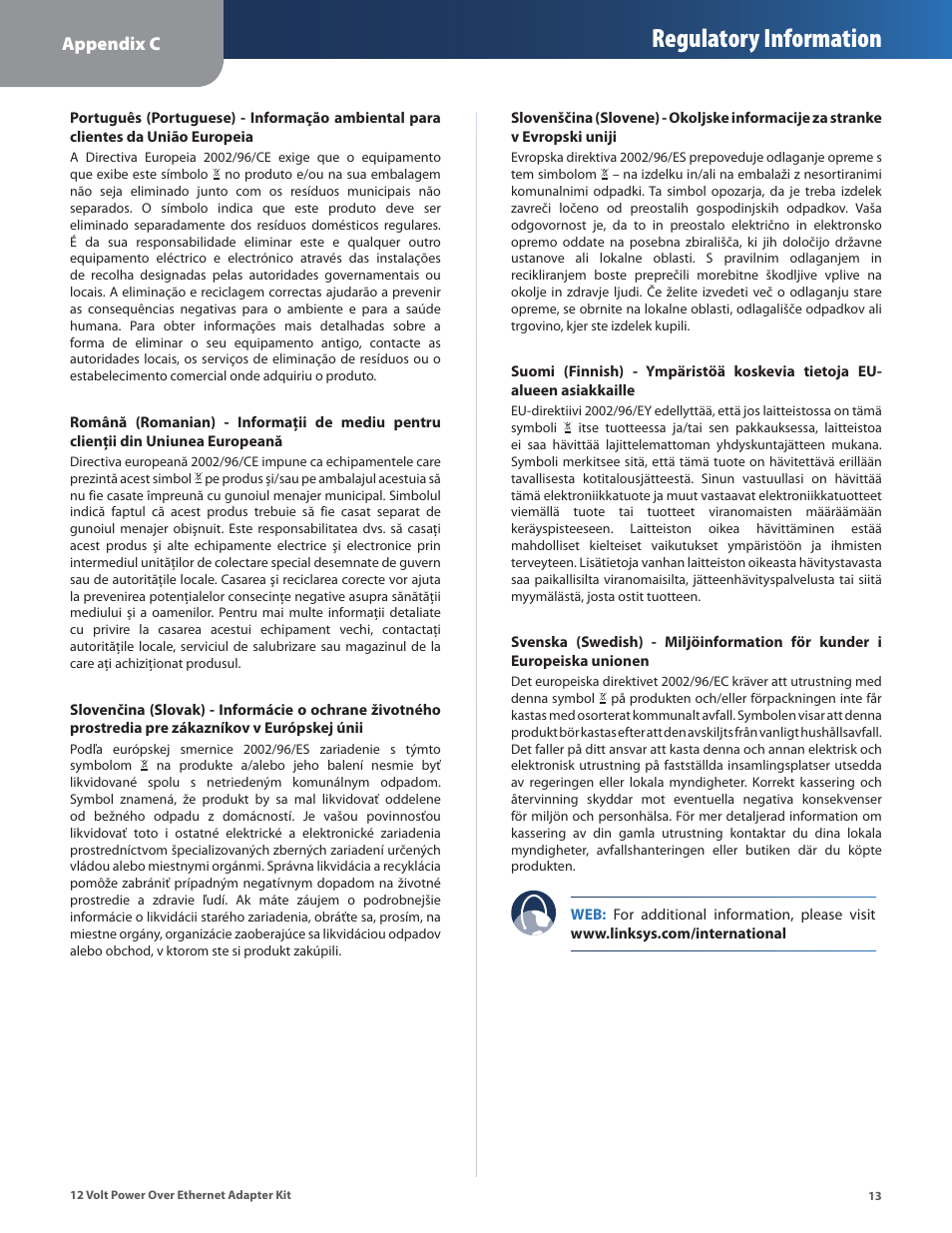 Regulatory information, Appendix c | Linksys WAPPOE12 User Manual | Page 16 / 28