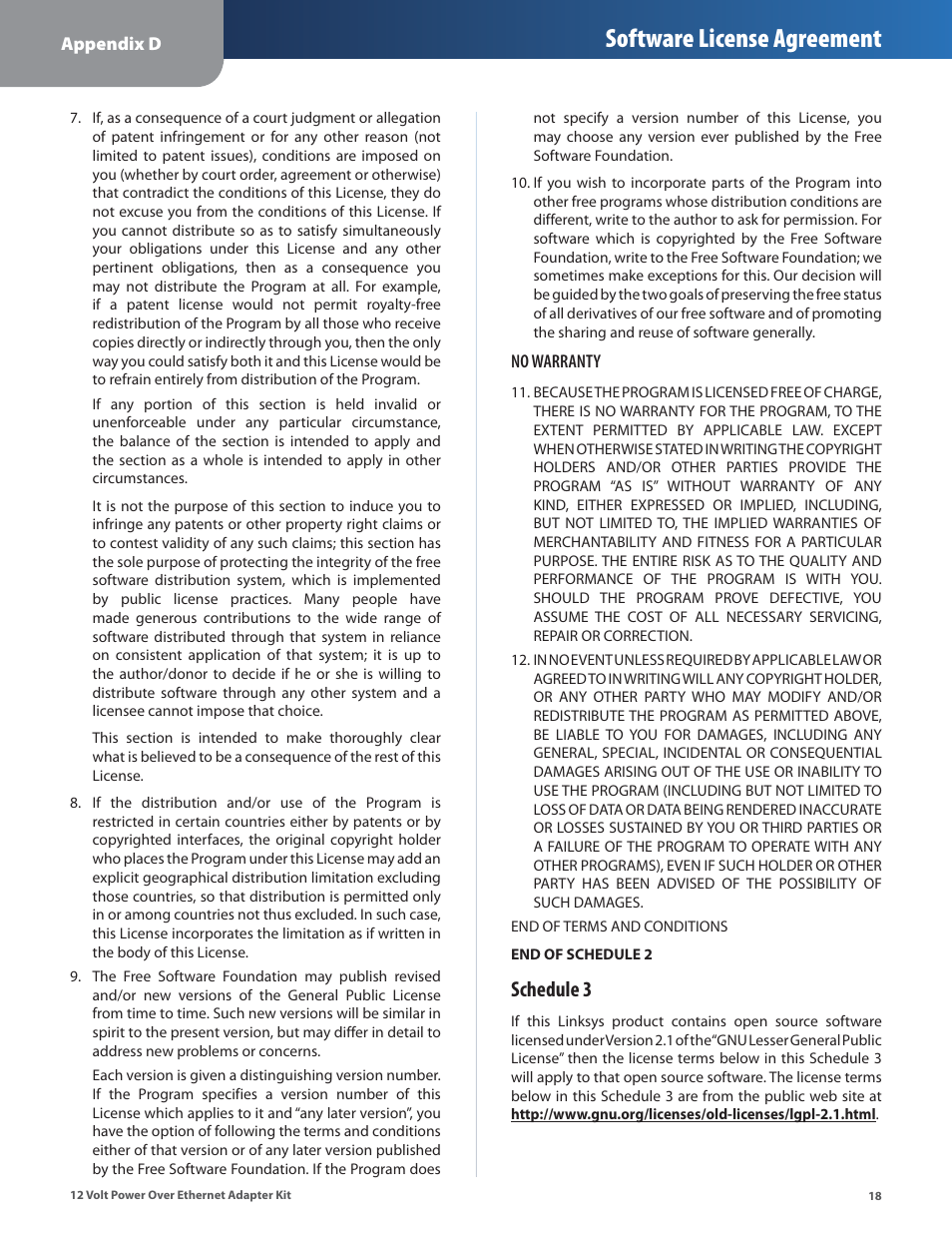 Software license agreement, Schedule 3 | Linksys WAPPOE12 User Manual | Page 21 / 28