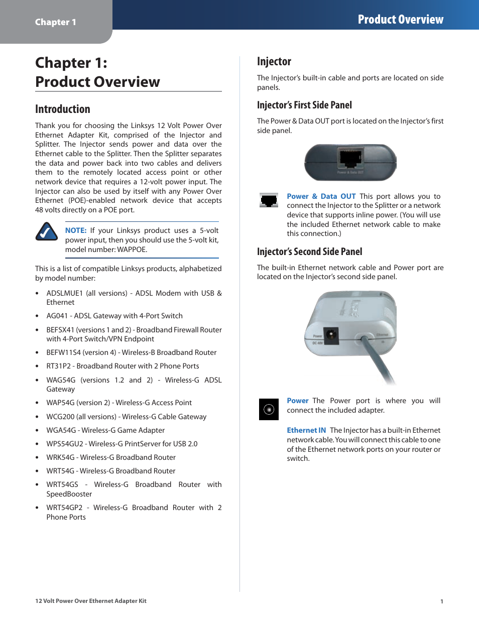 Chapter 1: product overview, Introduction, Injector | Introduction injector, Product overview, Injector’s first side panel, Injector’s second side panel | Linksys WAPPOE12 User Manual | Page 4 / 28