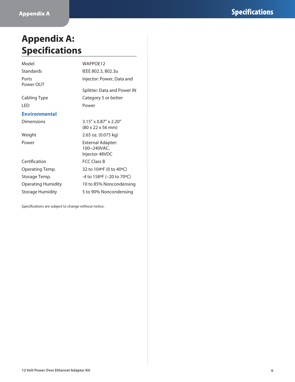 Appendix a: specifications, Specifications | Linksys WAPPOE12 User Manual | Page 9 / 28
