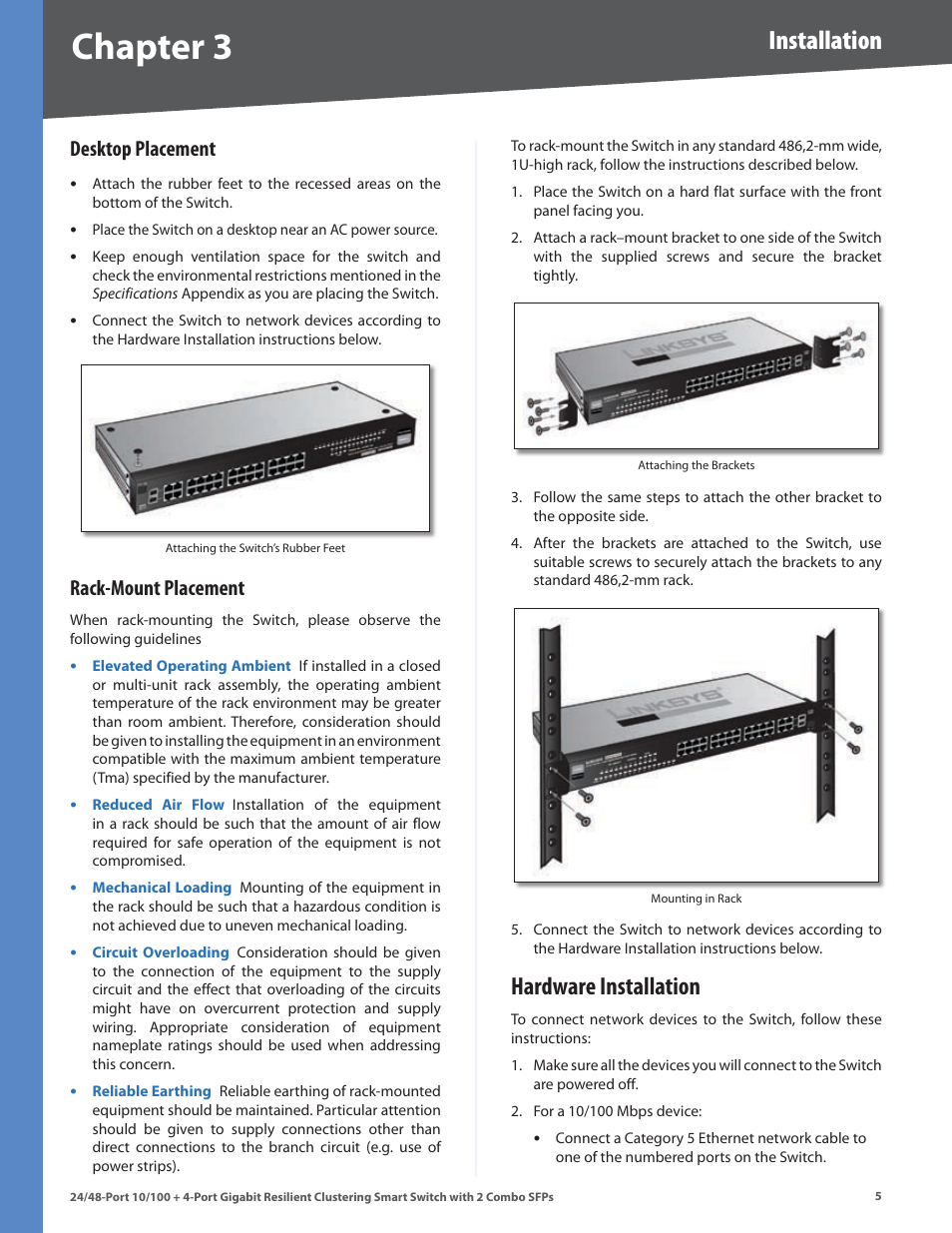 Chapter, Installation, Hardware installation | Desktop placement, Rack-mount placement | Linksys SLM248G4S (G5) User Manual | Page 11 / 78