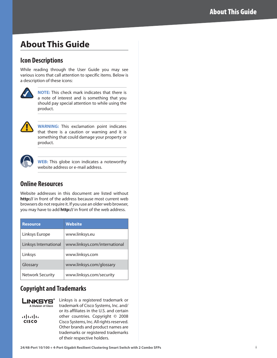 About ths gude, About this guide, Icon descriptions | Online resources, Copyright and trademarks | Linksys SLM248G4S (G5) User Manual | Page 2 / 78