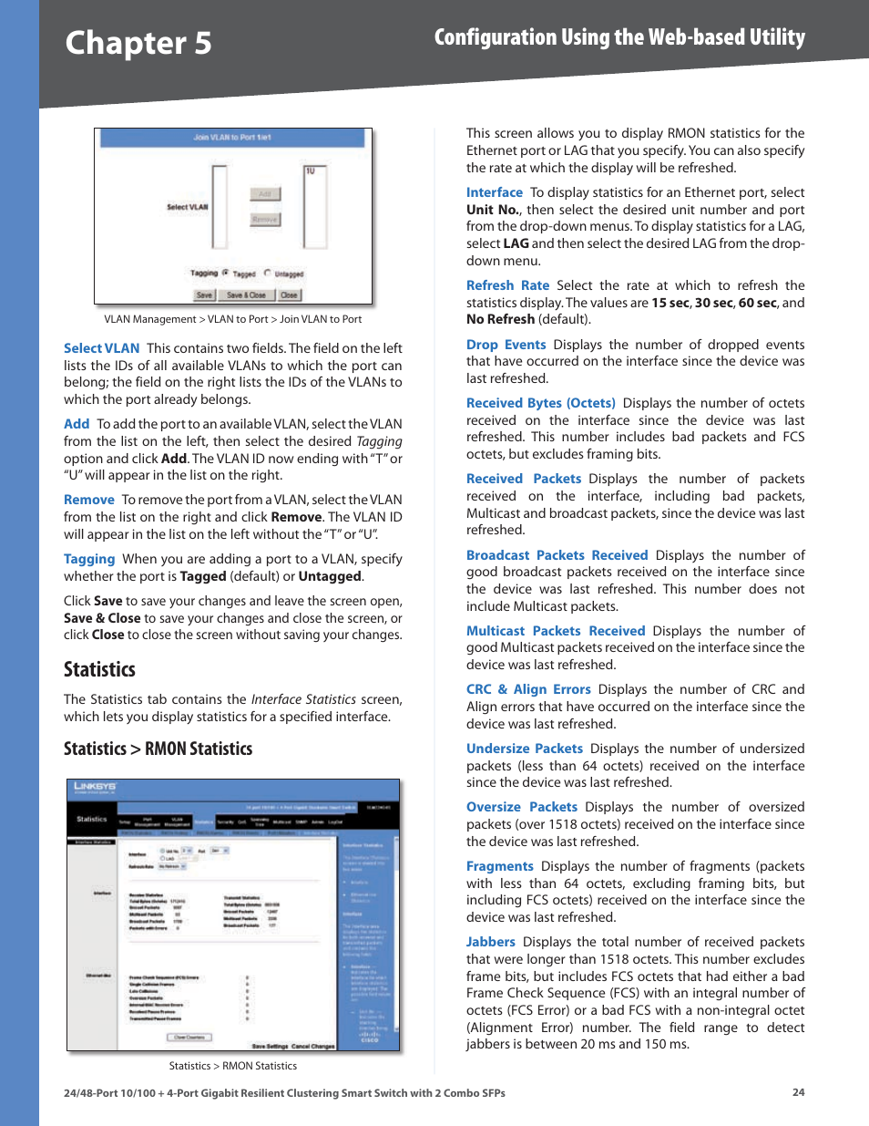 Chapter, Configuration using the web-based utility, Statistics | Statistics > rmon statistics | Linksys SLM248G4S (G5) User Manual | Page 30 / 78