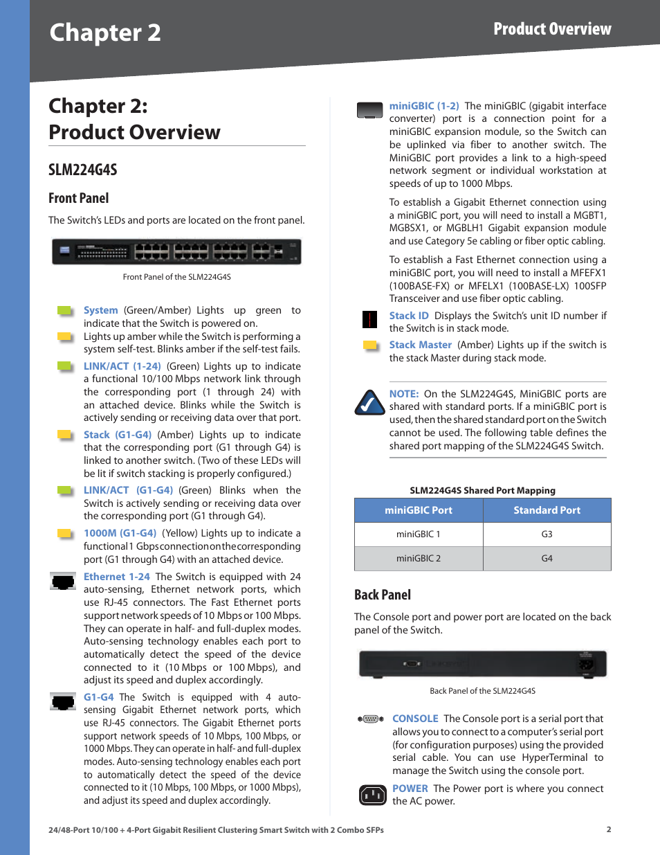 Chapter 2, Chapter 2: product overvew, Product overview | Slm224g4s, Front panel, Back panel | Linksys SLM248G4S (G5) User Manual | Page 8 / 78