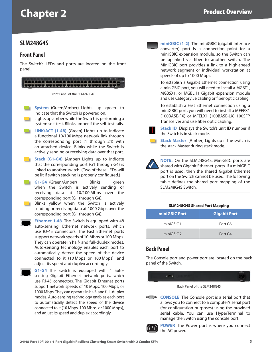 Chapter 2, Product overview, Slm248g4s | Front panel, Back panel | Linksys SLM248G4S (G5) User Manual | Page 9 / 78