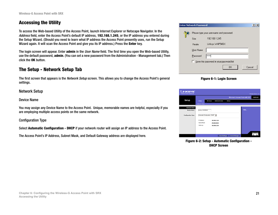 Accessing the utility, The setup - network setup tab | Linksys WAP54GX User Manual | Page 27 / 64