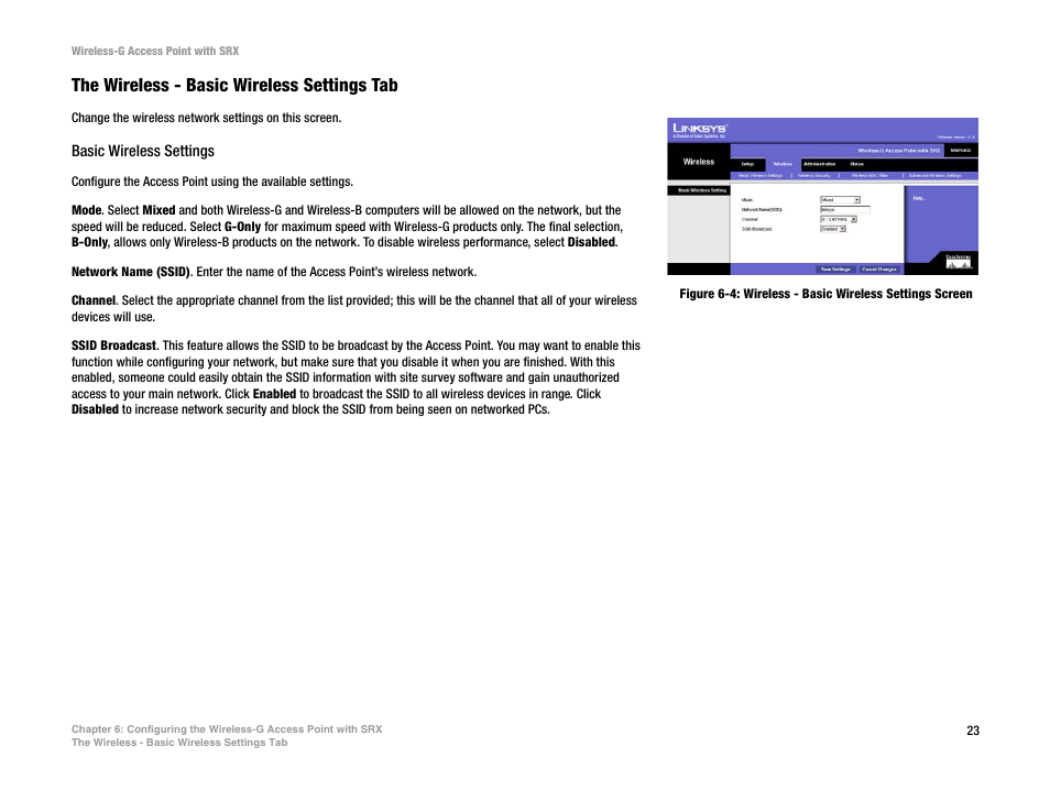The wireless - basic wireless settings tab | Linksys WAP54GX User Manual | Page 29 / 64