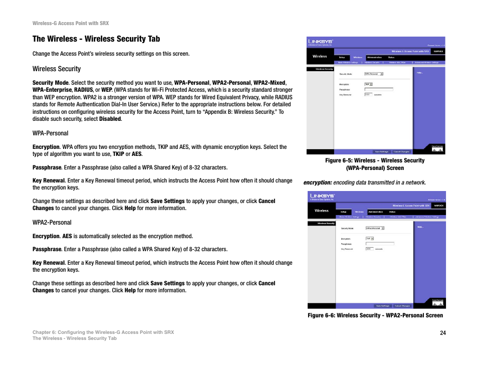The wireless - wireless security tab | Linksys WAP54GX User Manual | Page 30 / 64