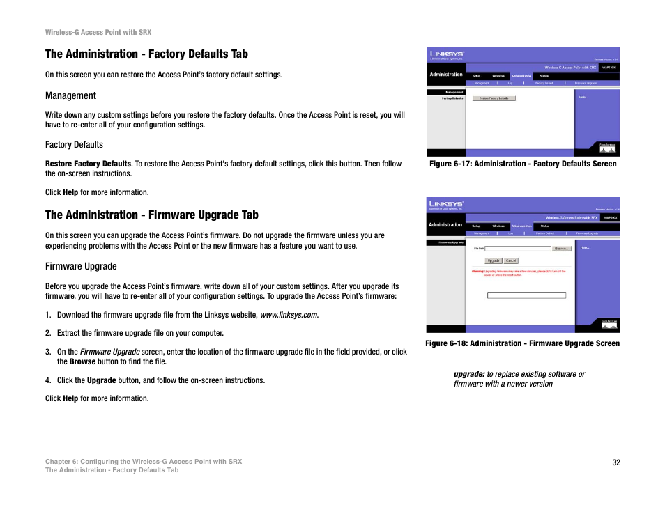 The administration - factory defaults tab, The administration - firmware upgrade tab | Linksys WAP54GX User Manual | Page 38 / 64
