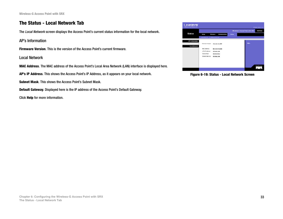 The status - local network tab | Linksys WAP54GX User Manual | Page 39 / 64