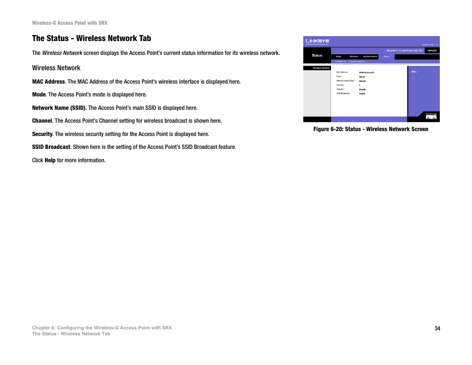The status - wireless network tab | Linksys WAP54GX User Manual | Page 40 / 64