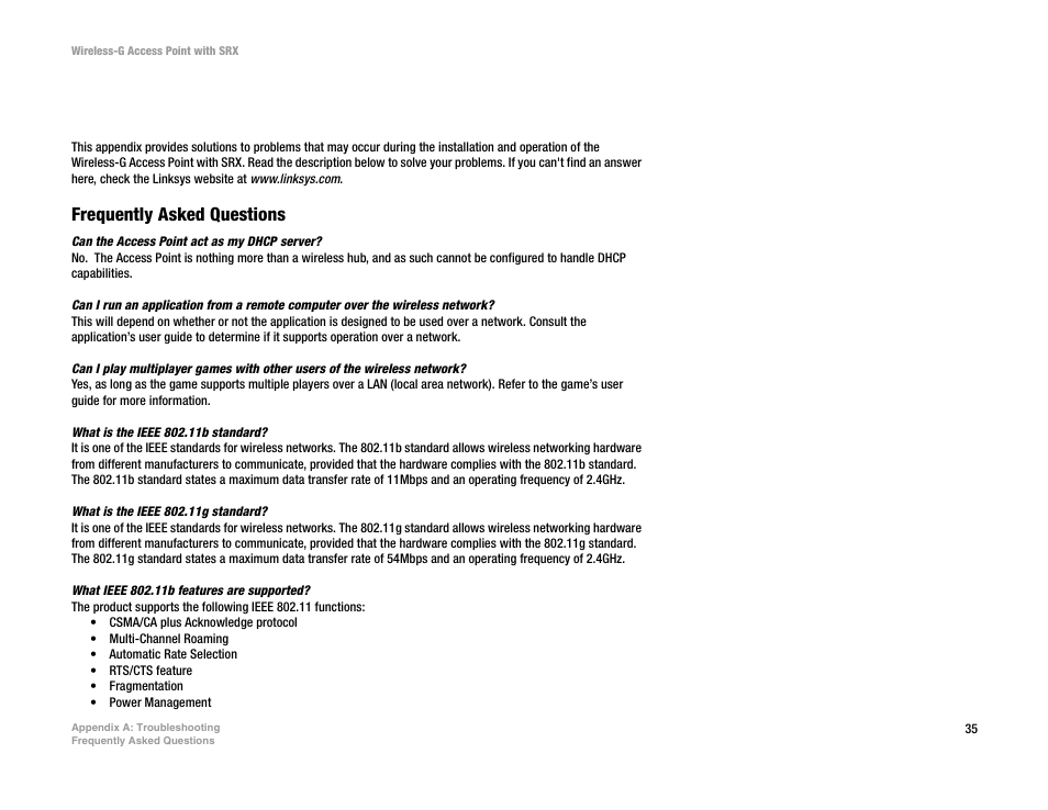 Appendix a: troubleshooting, Frequently asked questions | Linksys WAP54GX User Manual | Page 41 / 64