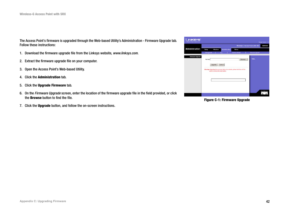 Appendix c: upgrading firmware | Linksys WAP54GX User Manual | Page 48 / 64