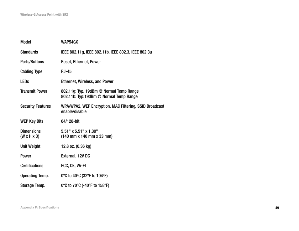 Appendix f: specifications | Linksys WAP54GX User Manual | Page 55 / 64