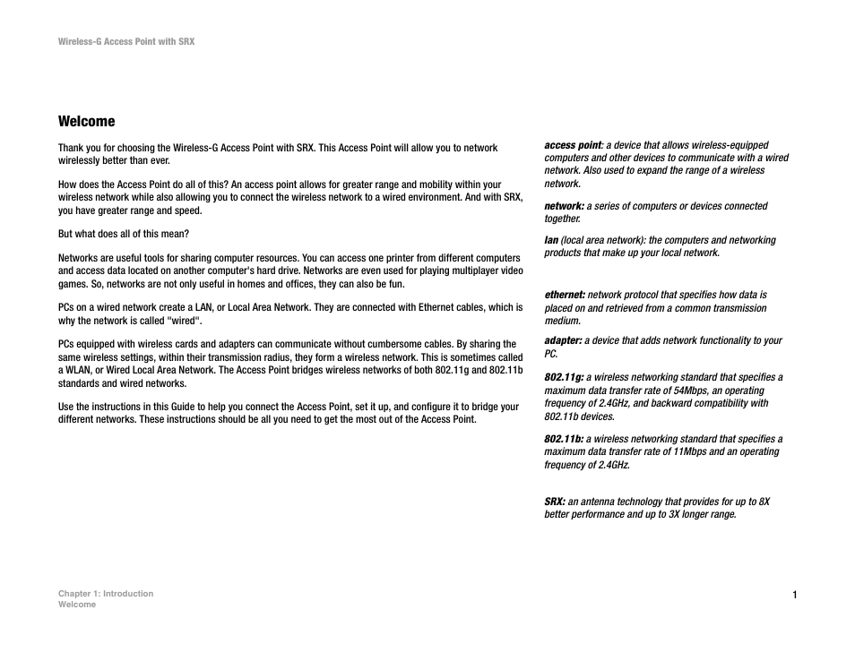 Chapter 1: introduction, Welcome | Linksys WAP54GX User Manual | Page 7 / 64