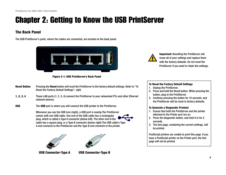 Chapter 2: getting to know the usb printserver, The back panel | Linksys PSUS4 User Manual | Page 11 / 58
