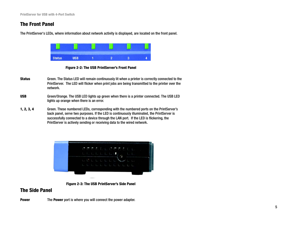 The front panel, The side panel | Linksys PSUS4 User Manual | Page 12 / 58