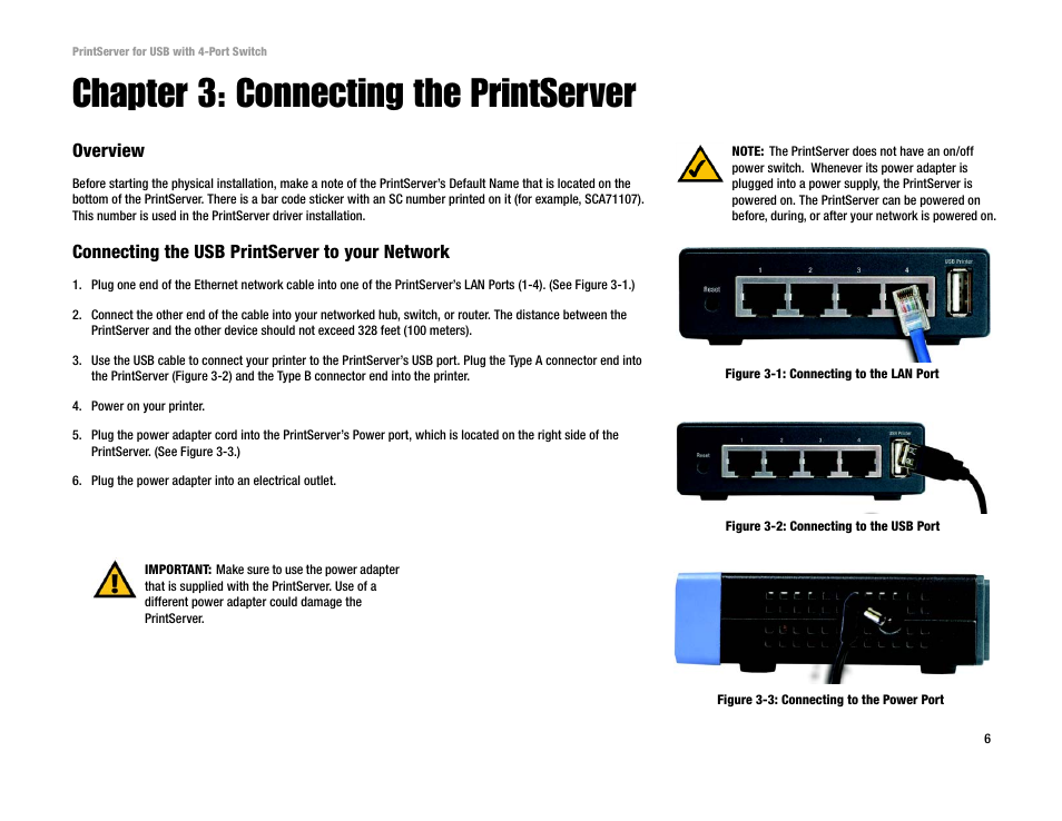 Chapter 3: connecting the printserver, Overview, Connecting the usb printserver to your network | Linksys PSUS4 User Manual | Page 13 / 58