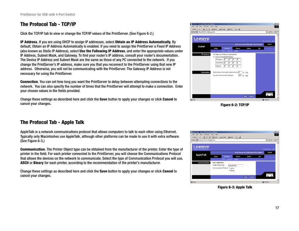 The protocol tab - tcp/ip, The protocol tab - apple talk | Linksys PSUS4 User Manual | Page 24 / 58