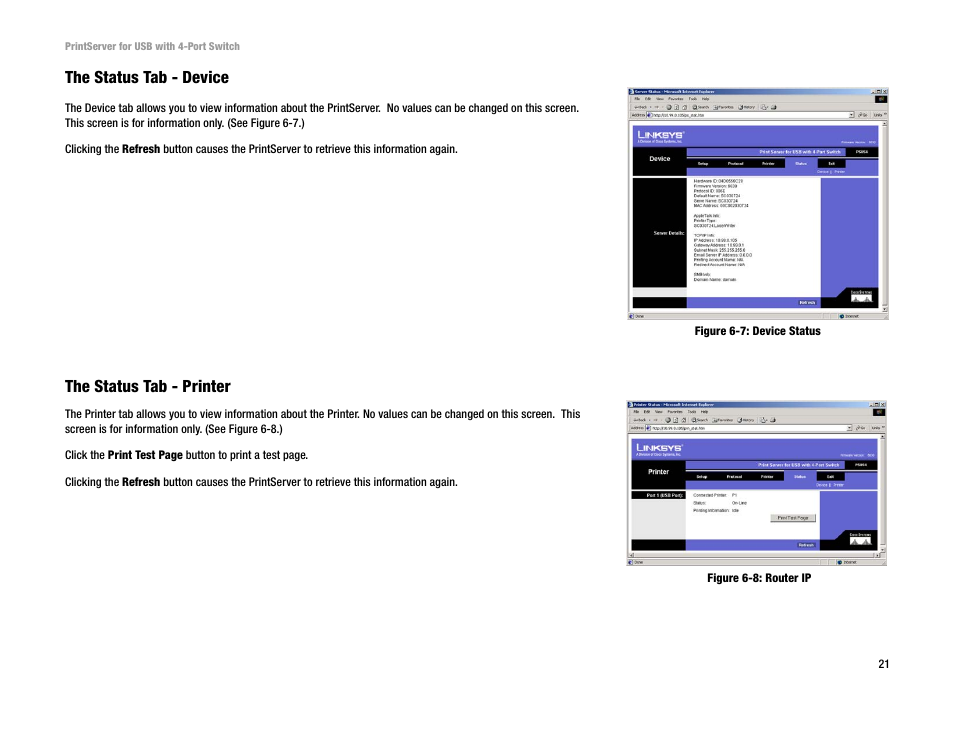 The status tab - device, The status tab - printer | Linksys PSUS4 User Manual | Page 28 / 58