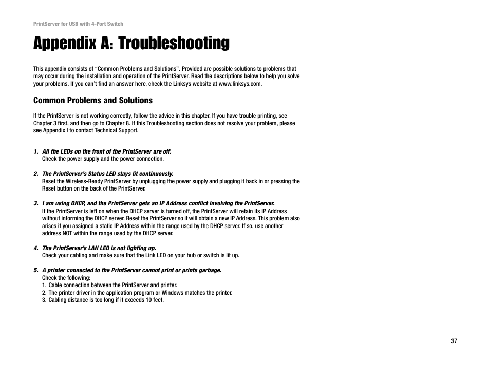 Appendix a: troubleshooting | Linksys PSUS4 User Manual | Page 44 / 58