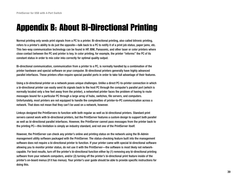 Appendix b: about bi-directional printing | Linksys PSUS4 User Manual | Page 46 / 58