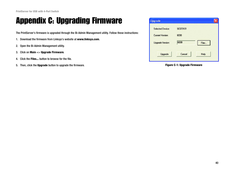 Appendix c: upgrading firmware | Linksys PSUS4 User Manual | Page 47 / 58