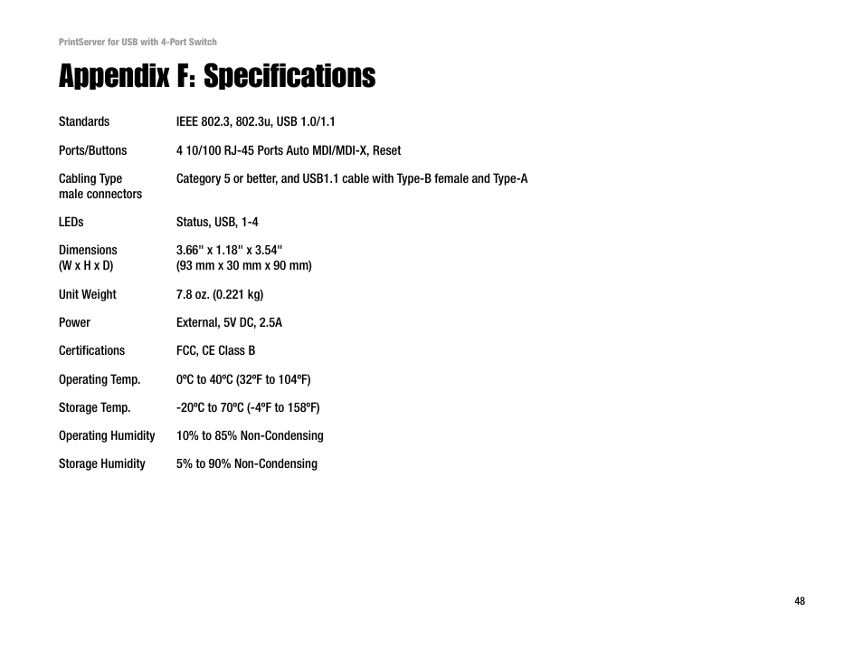 Appendix f: specifications | Linksys PSUS4 User Manual | Page 55 / 58