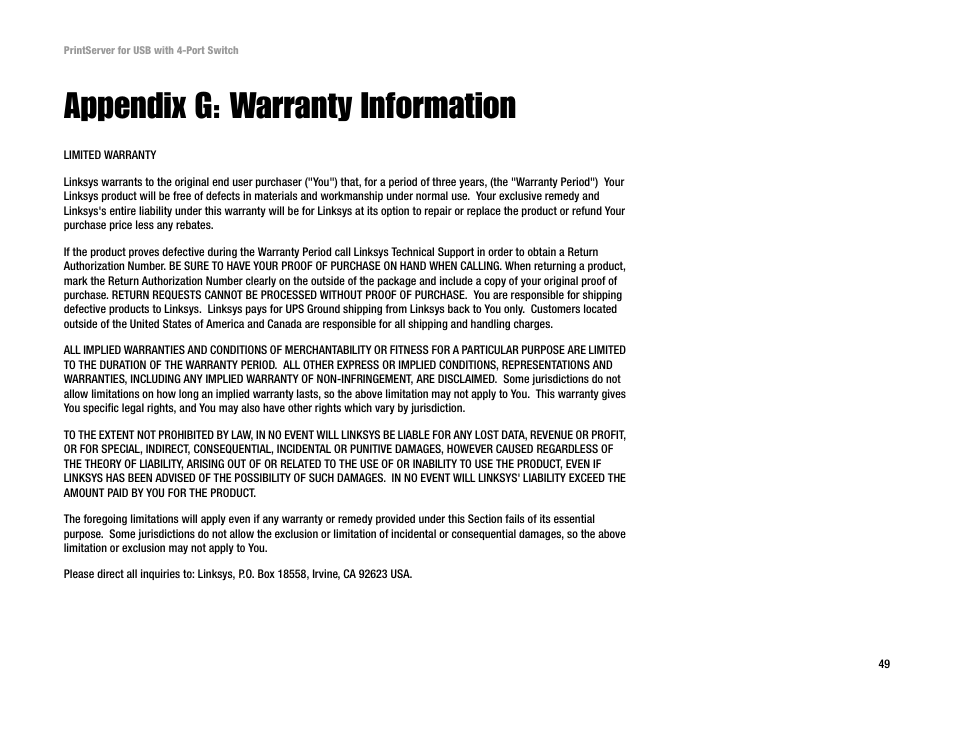 Appendix g: warranty information | Linksys PSUS4 User Manual | Page 56 / 58