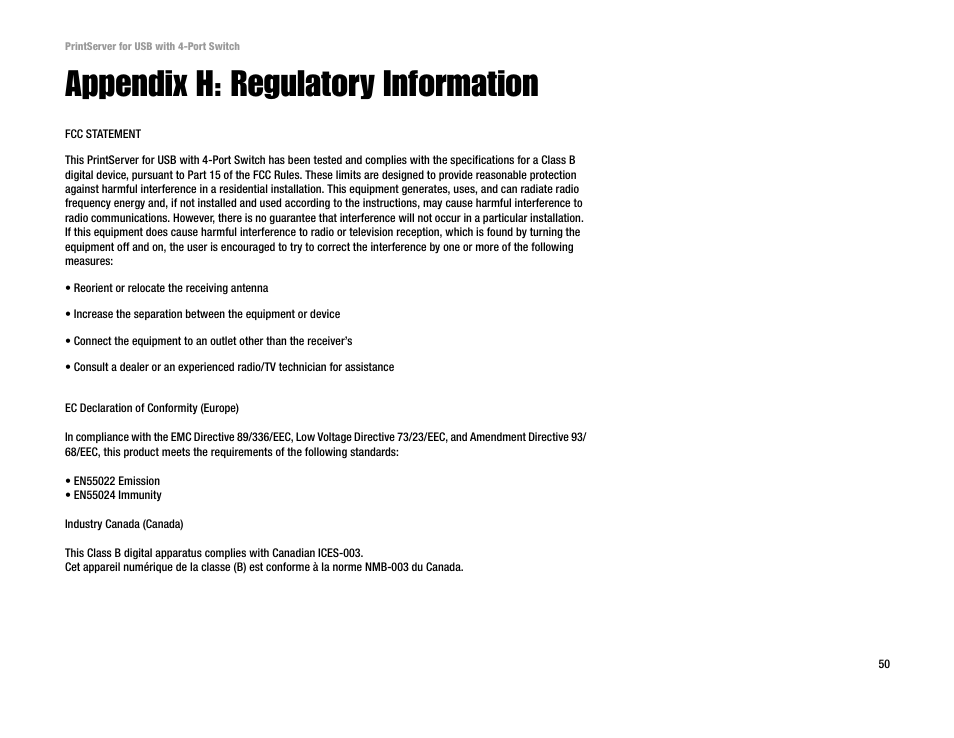 Appendix h: regulatory information | Linksys PSUS4 User Manual | Page 57 / 58